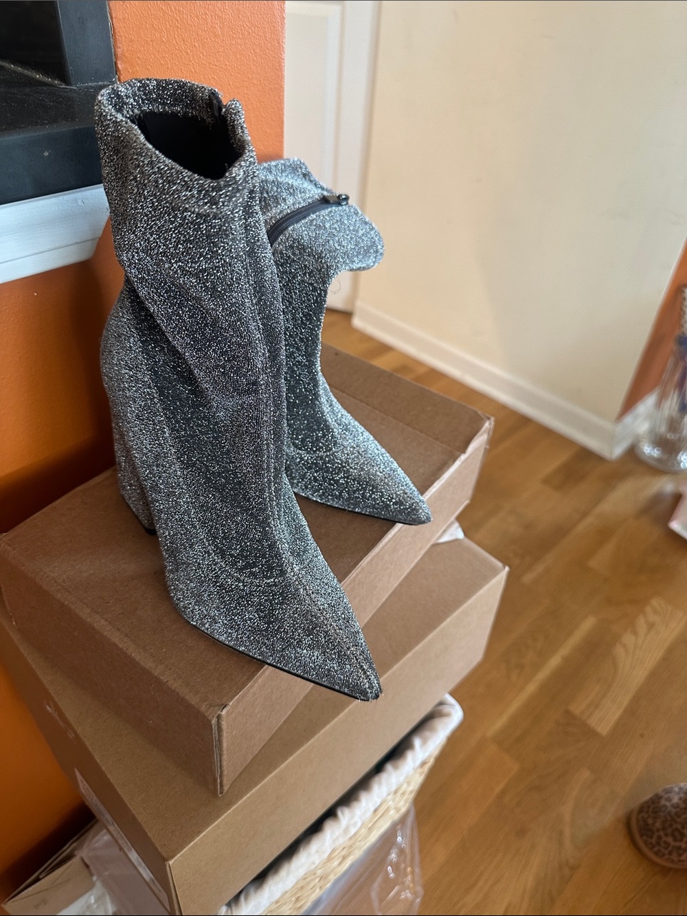 Marc Fisher Silver Glitter Pointed Toe Ankle Boots